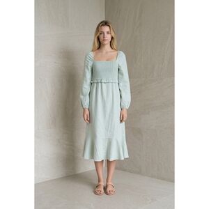 NWT 7 For All Mankind Smocked Linen Blend Midi Dress Light Blue S